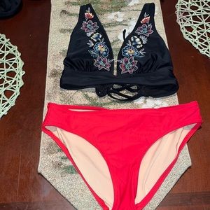 J. Crew Red Bikini Bottoms XS /Dip Floral Embroidered Tie Back Bikini Top  S EUC